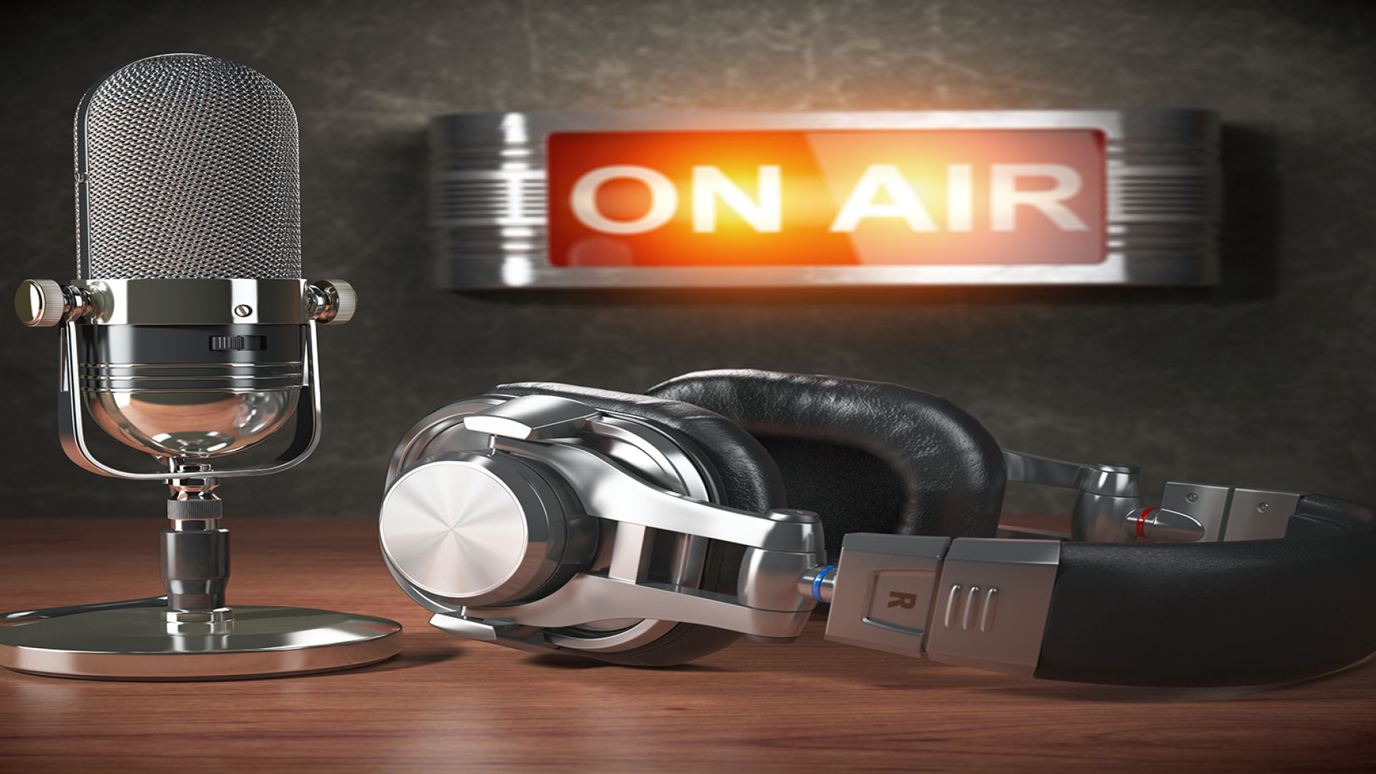 Vintage microphone  and headphones with signboard on air. Broadcasting radio station concept. 3d illustration