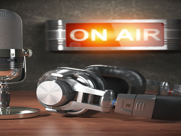 Vintage microphone  and headphones with signboard on air. Broadcasting radio station concept. 3d illustration